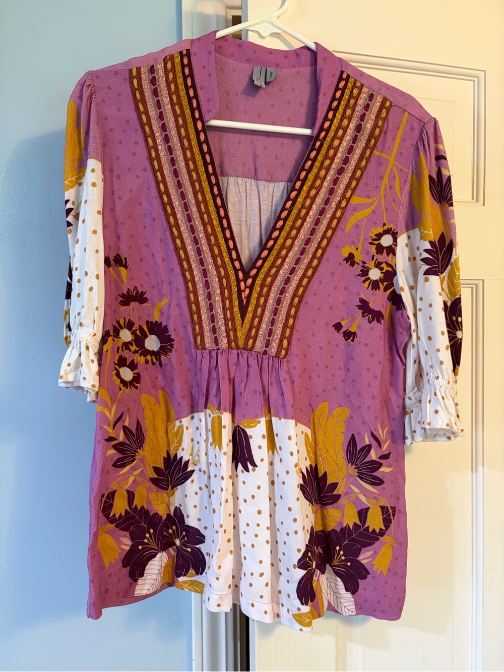 Bl-nk Anthropologie Purple Floral Boho V-Neck Tunic Top